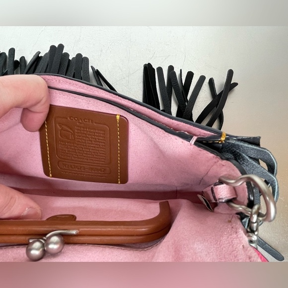 Coach Tea Rose Fringe Dinky Shoulder Bag Limited Edition Black & Bright Pink - Picture 7 of 7
